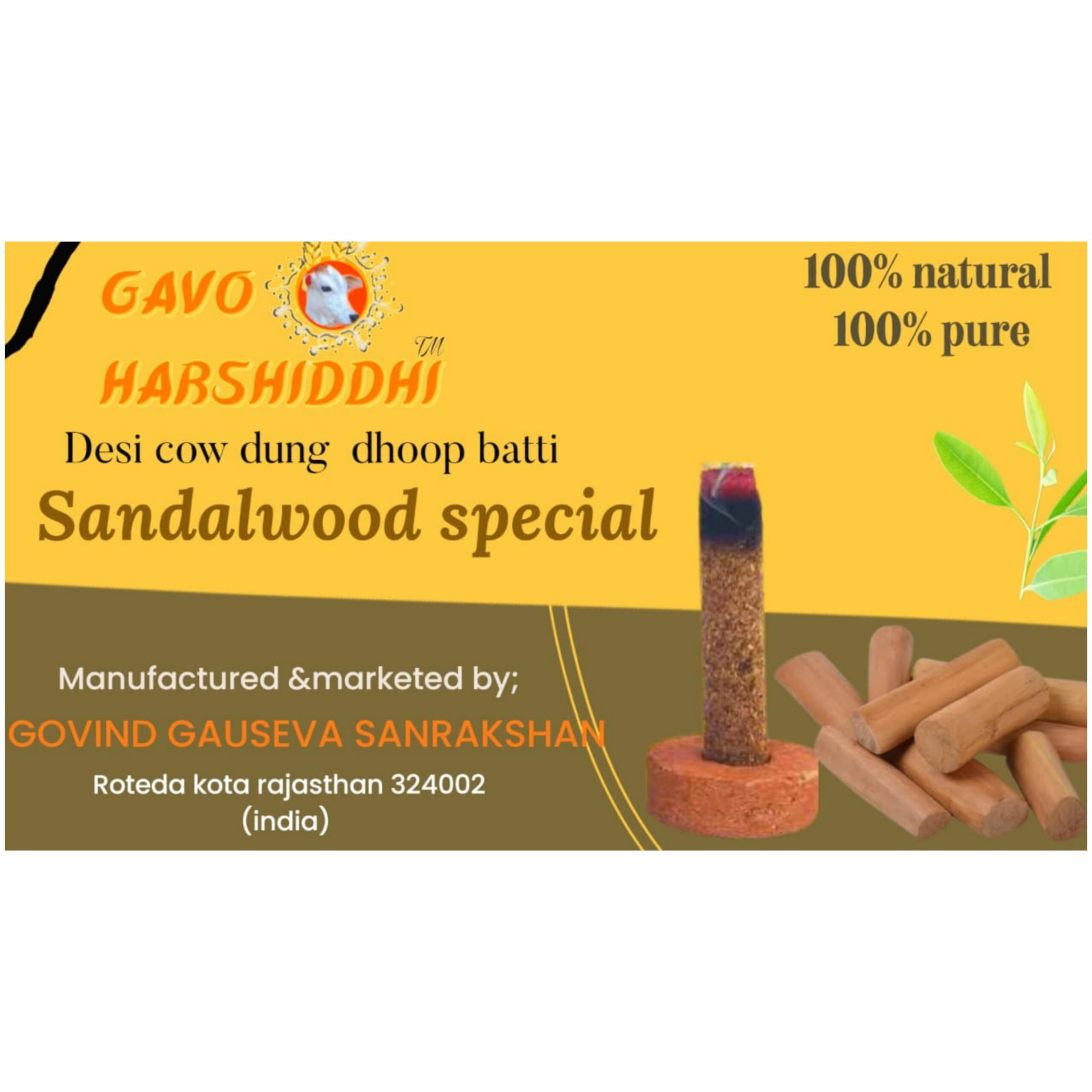 GAVO HARSHIDDHI Natural Cow Dung Spl Sandalwood Chandan Dhoop Batti - 240 Pieces Natural Organic Herbs Incense Dhoop Sticks for Puja Hawan Prayer 2.5 inches
