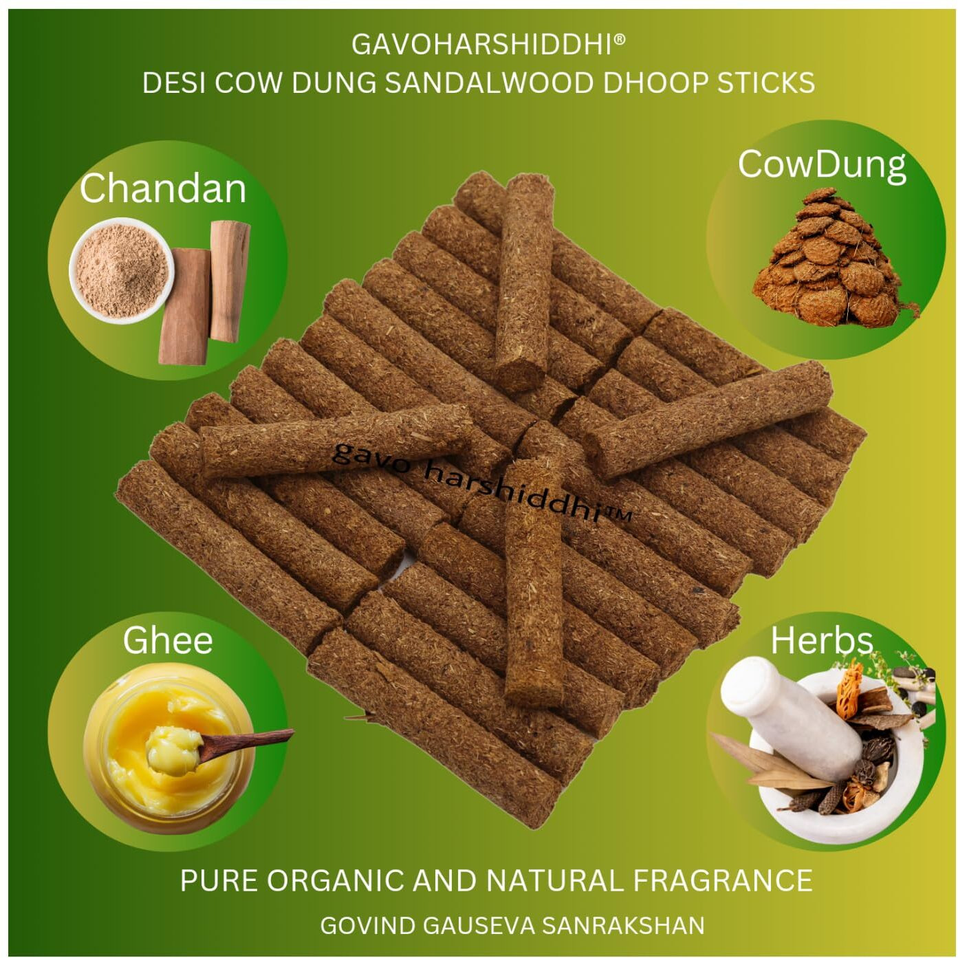 GAVO HARSHIDDHI Natural Cow Dung Spl Sandalwood Chandan Dhoop Batti - 240 Pieces Natural Organic Herbs Incense Dhoop Sticks for Puja Hawan Prayer 2.5 inches