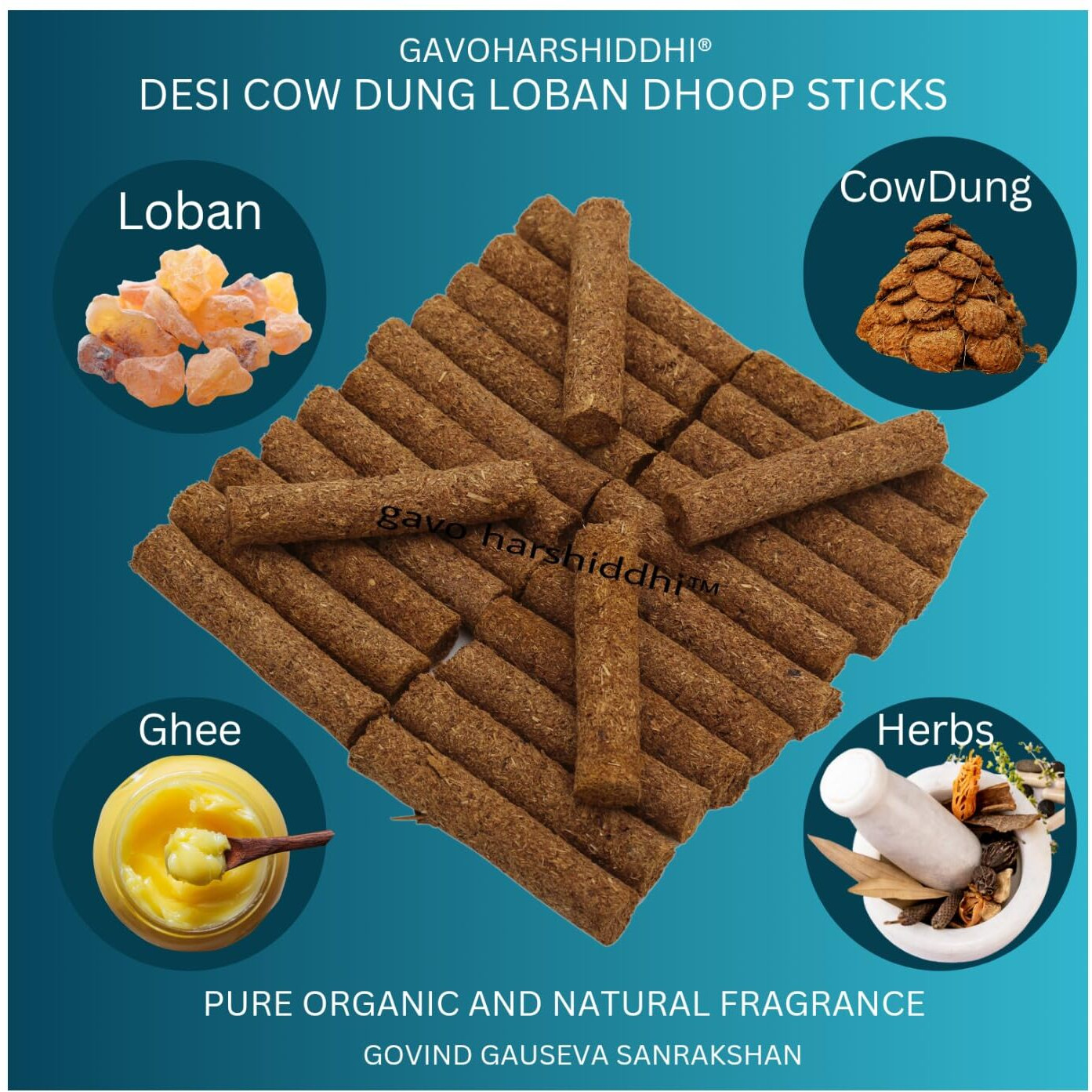 GAVO HARSHIDDHI Desi Cow Dung Natural Loban Dhoop Batti Made by Loban Chandan Jatamansi Gulab Bhimseni Kapur for Puja/Hawan / 2.5 Inches Organic Incense Stick (120-Piece)
