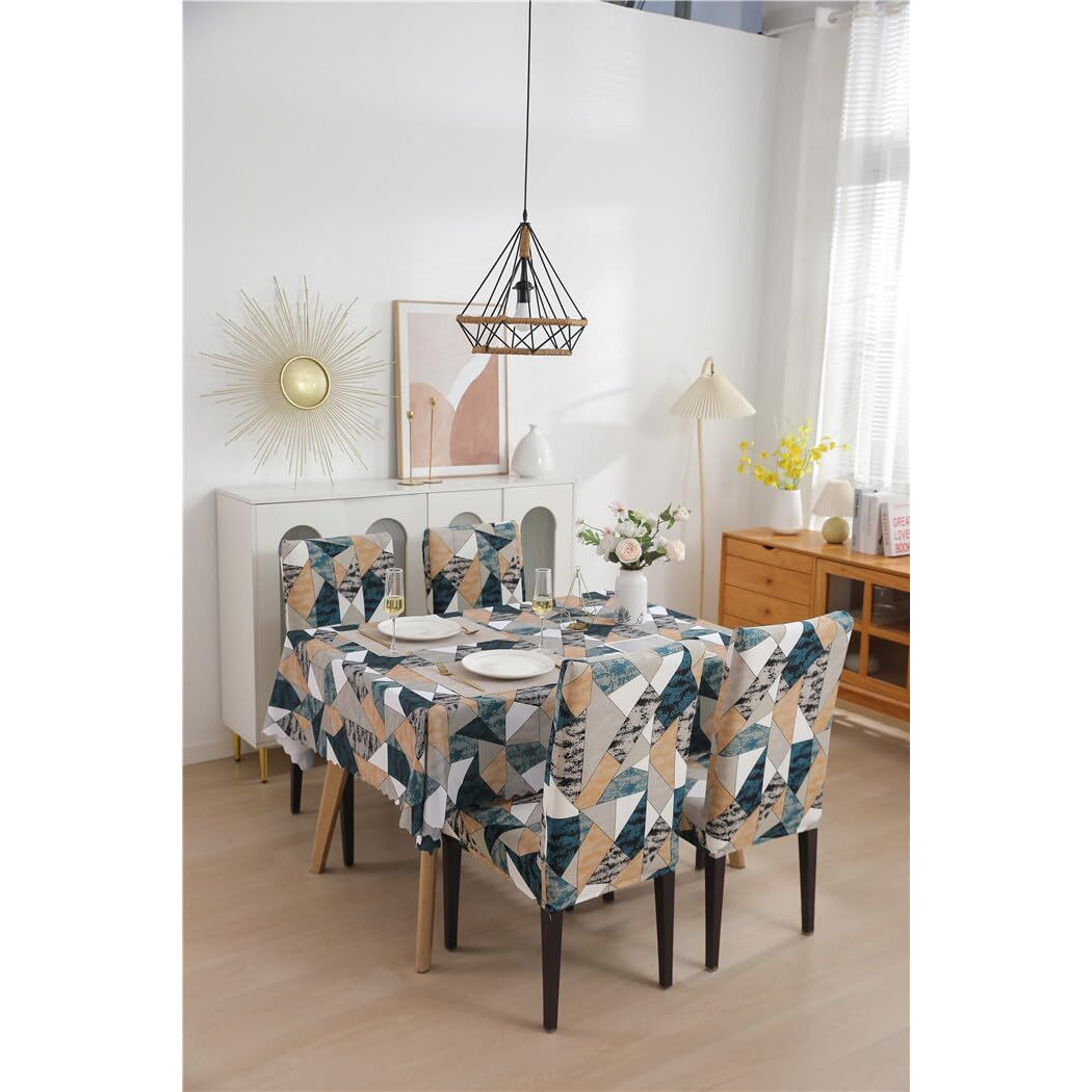 Crudly Table Cloth Matching Dining Chair Cover Set Waterproof Oil Proof Rectangle Pvc Table Covers Seat Protector Elastic Chair Cover Multicolour(140x220, 1 Table Cover + 6 Chair Cover, Antique Prism)