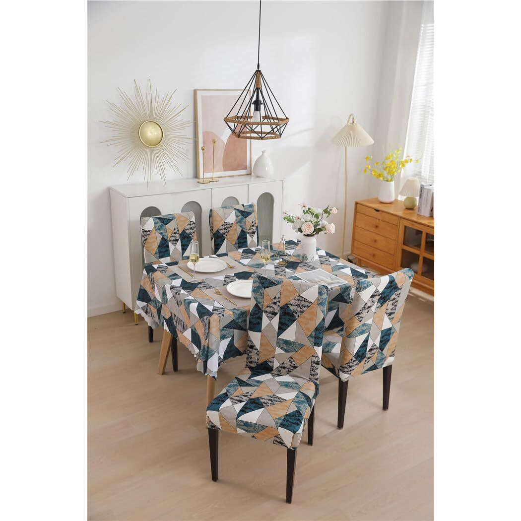 Crudly Table Cloth Matching Dining Chair Cover Set Waterproof Oil Proof Rectangle Pvc Table Covers Seat Protector Elastic Chair Cover Multicolour(140x220, 1 Table Cover + 6 Chair Cover, Antique Prism)