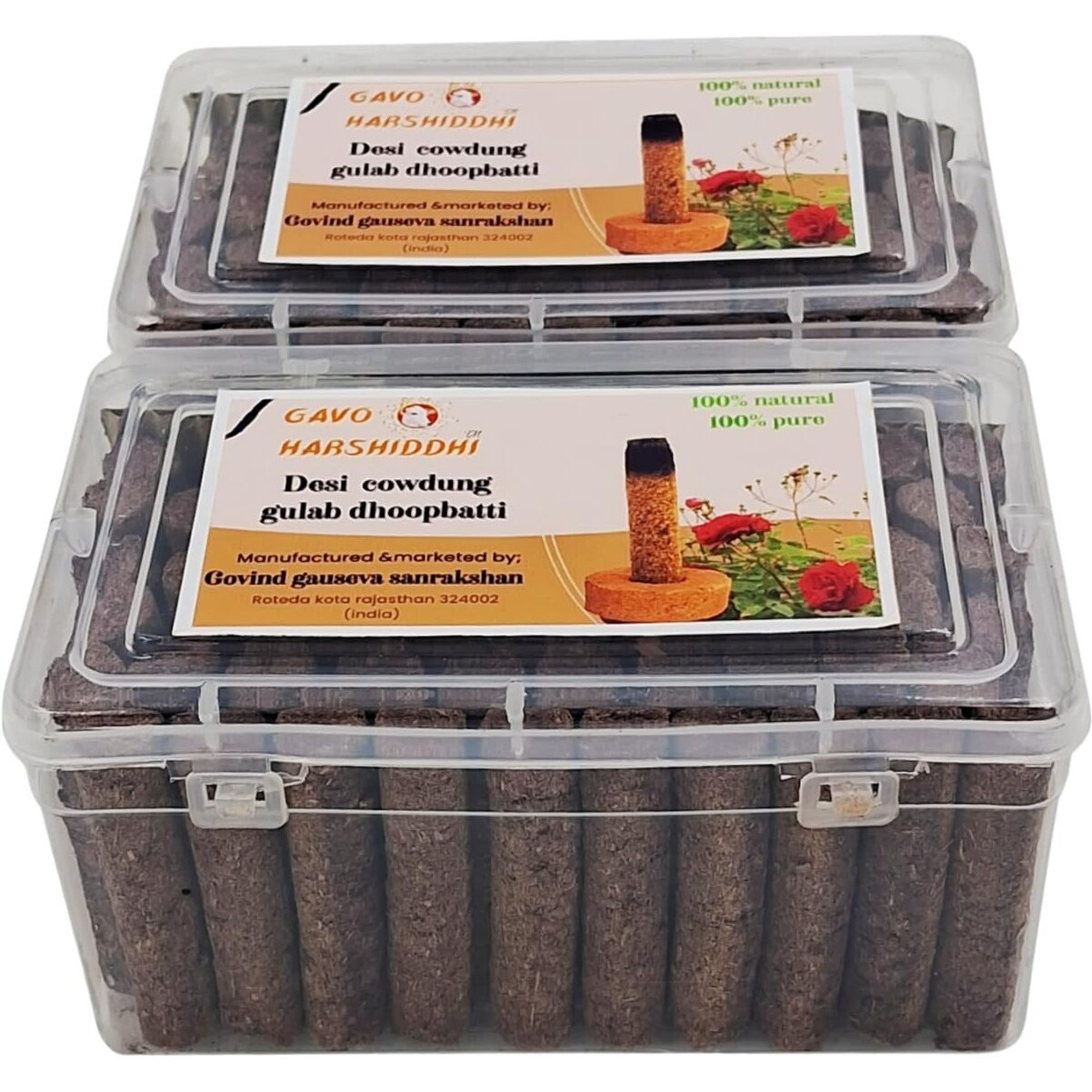 GAVO HARSHIDDHI Natural Cow Dung Spl Gulab Rose Dhoop Batti - 120 Pieces Natural Organic Herbs Incense Dhoop Sticks for Puja Hawan Prayer 2.5 inches