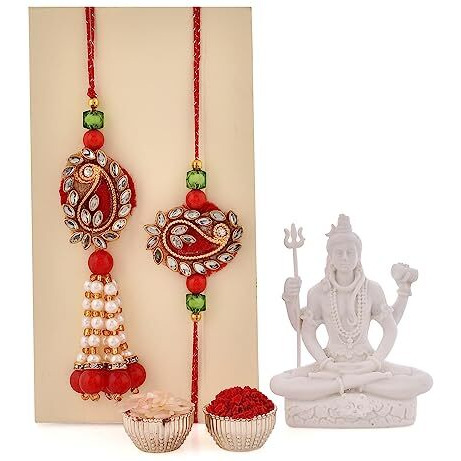 CraftVatika Bhaiya Bhabhi Rakhi Gift Combo Set - Couple Rakhi with Shiva Idol Statue - Rakhi for Brother and Bhabhi with Gift