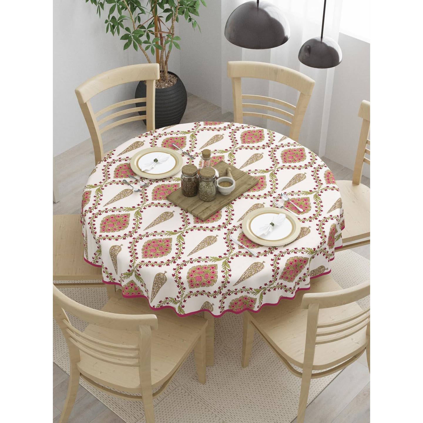 Clasiko 100% Cotton 6 Seater Round Table Cover 72x72 Inches Pink Beige Block Print