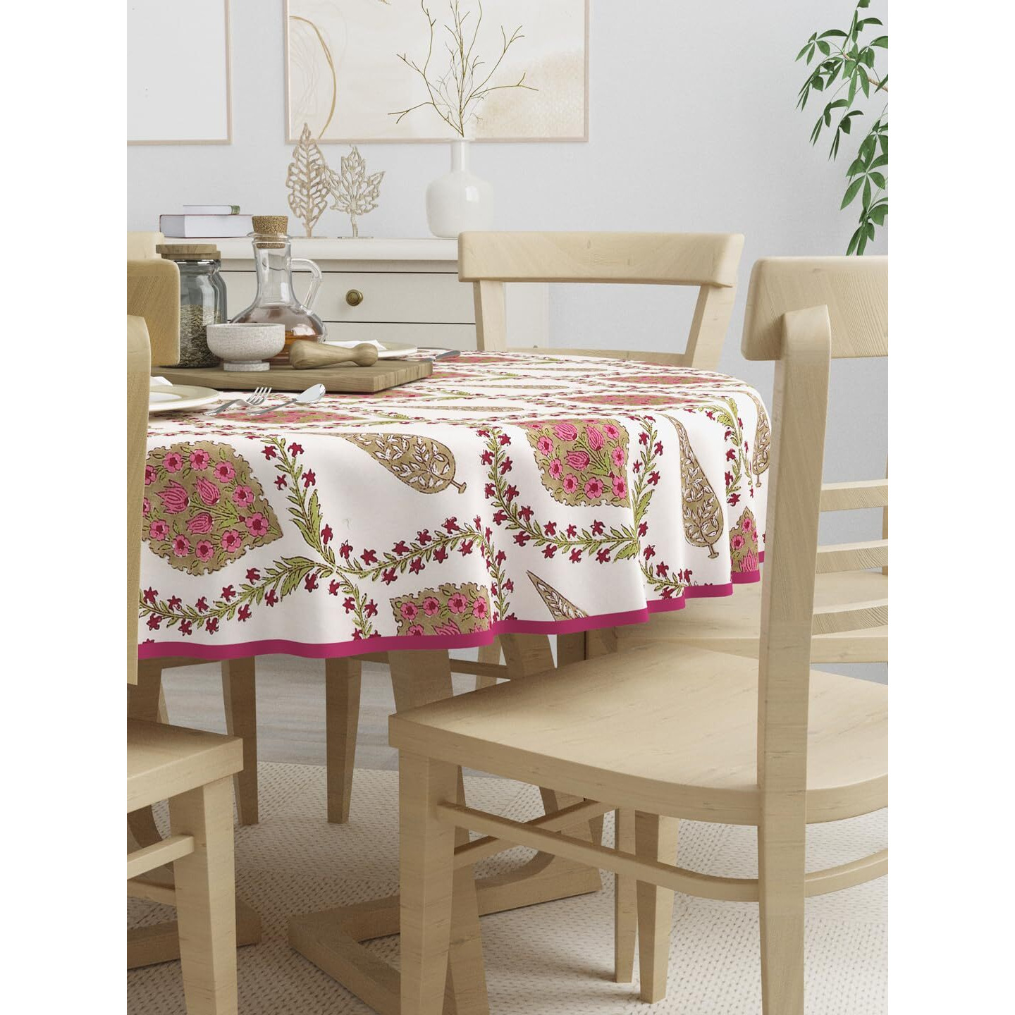 Clasiko 100% Cotton 6 Seater Round Table Cover 72x72 Inches Pink Beige Block Print