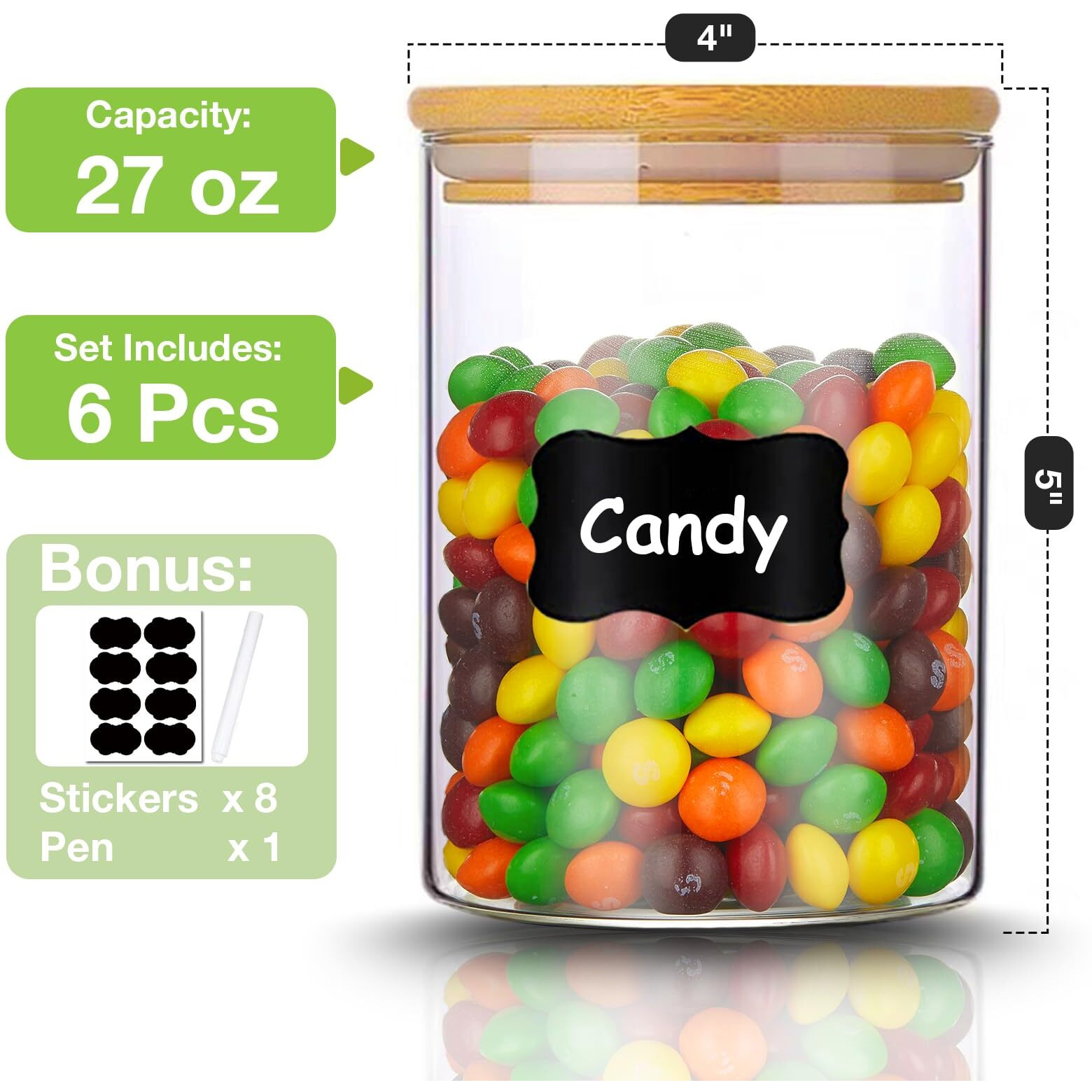 Gencywe Glass Storage Jars with Bamboo Lid, 27 OZ Airtight Food Storage Jar with Labels, Clear Kitchen Canisters for Candy, Cookie, Rice, Coffee Beans, Snacks, Spices