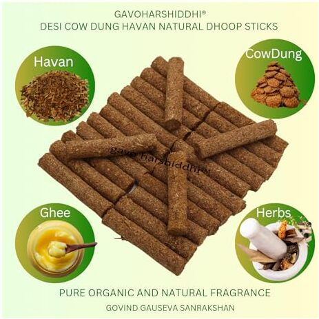 GAVO HARSHIDDHI Natural Cow Dung Dhoop Batti Organic Incense Sticks with Stand Made by Guggul Chandan Gulab Jatamassi Bhimseni Kapoor Havan Samagri - 60 Sticks - 2.5 inch (Havan)