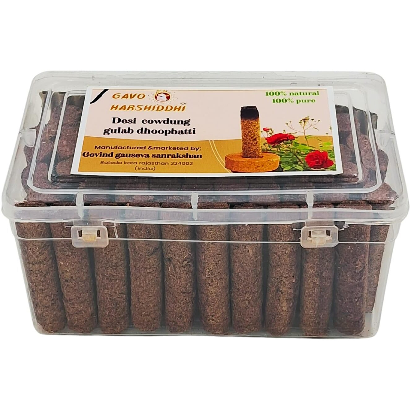 GAVO HARSHIDDHI Natural Cow Dung Spl Gulab Rose Dhoop Batti - 60 Pieces Natural Organic Herbs Incense Dhoop Sticks for Puja Hawan Prayer 2.5 inches