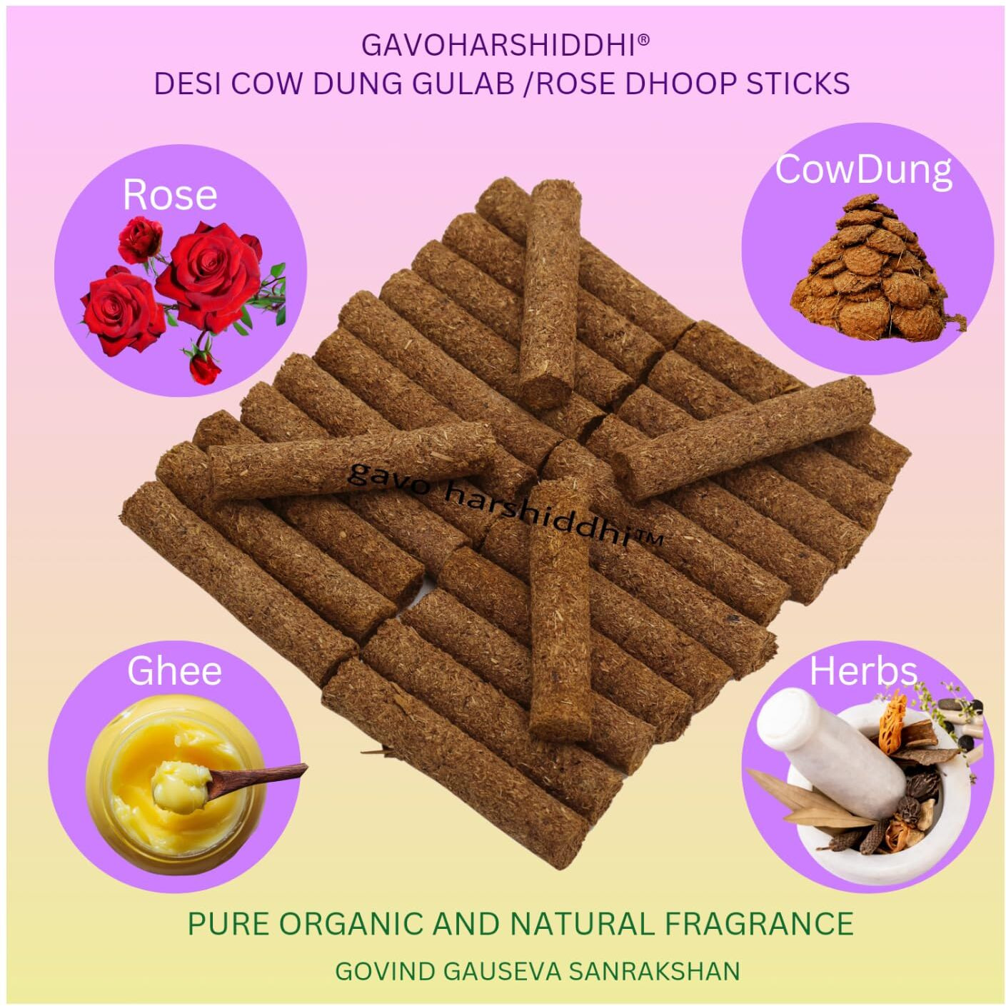 GAVO HARSHIDDHI Natural Cow Dung Spl Gulab Rose Dhoop Batti - 60 Pieces Natural Organic Herbs Incense Dhoop Sticks for Puja Hawan Prayer 2.5 inches