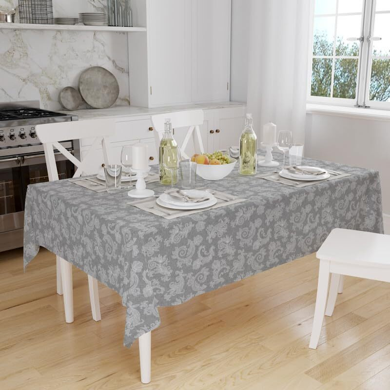 Encasa 6 to 8 seater Dining Table Cloth 145x240 cm (57x94 in) I Floral Grey Jacquard Style Print on Chambray Homespun Cotton I for Family Gatherings, Parties I Washable