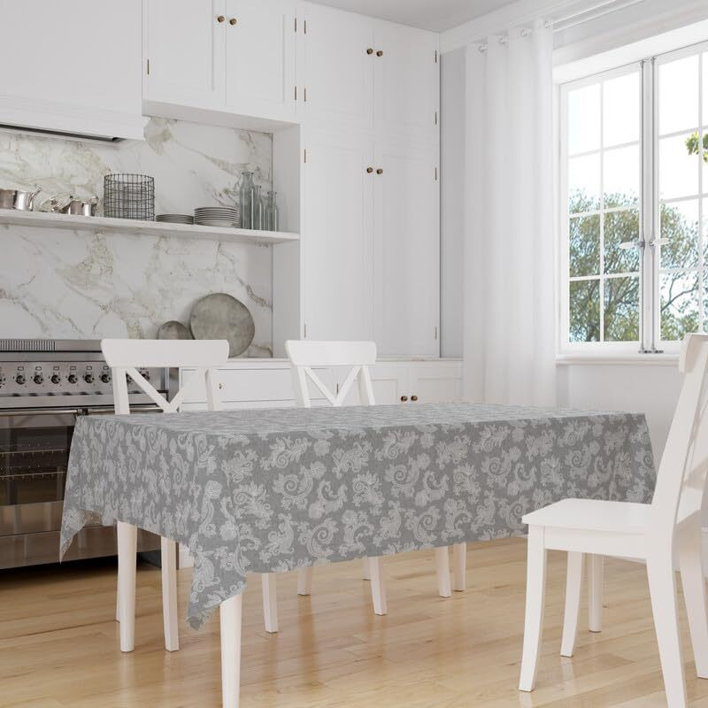 Encasa 6 to 8 seater Dining Table Cloth 145x240 cm (57x94 in) I Floral Grey Jacquard Style Print on Chambray Homespun Cotton I for Family Gatherings, Parties I Washable