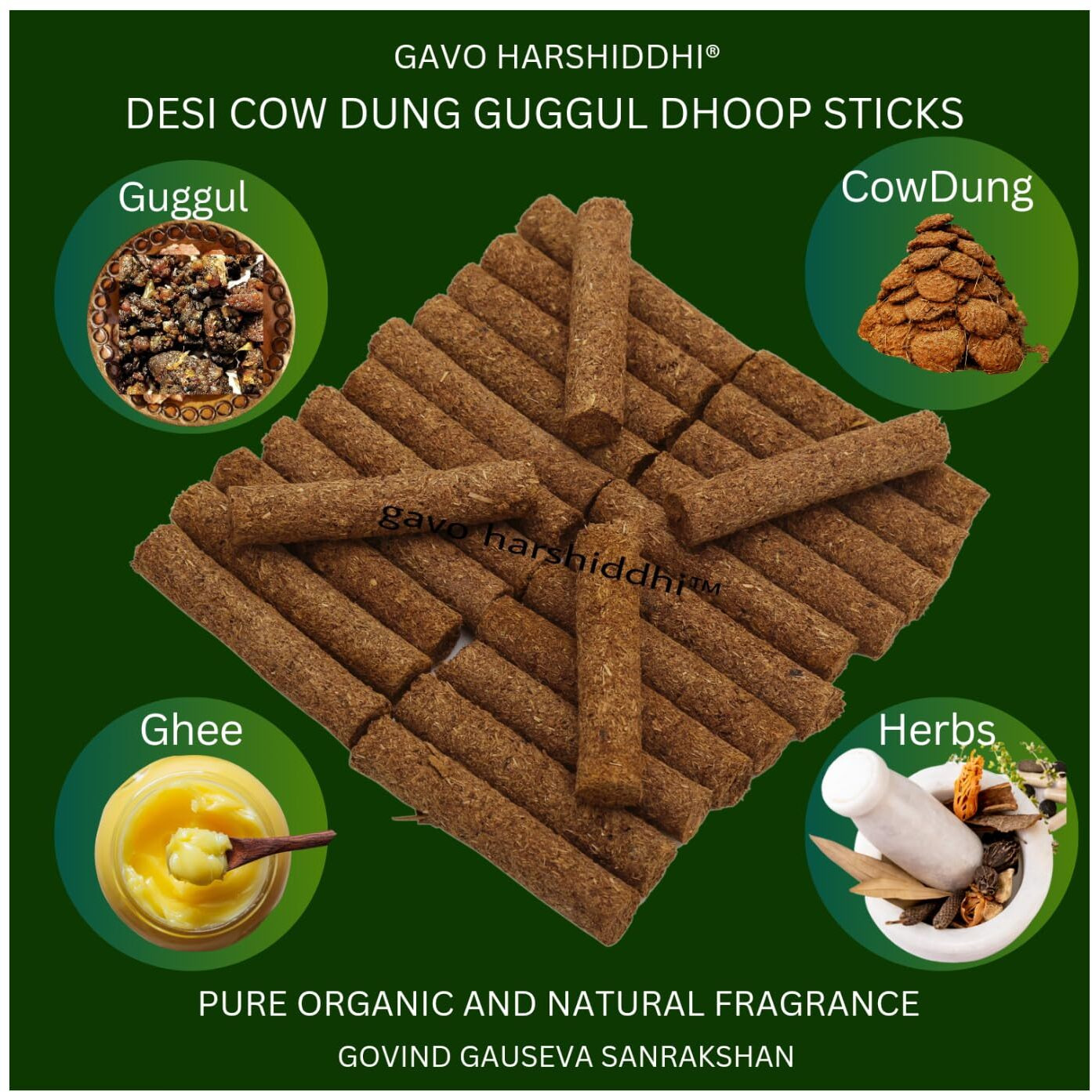 GAVO HARSHIDDHI Natural Cow Dung Spl Guggul Dhoop Batti - 60 Pieces Natural Organic Herbs Incense Dhoop Sticks for Puja Hawan Prayer 2.5 inches