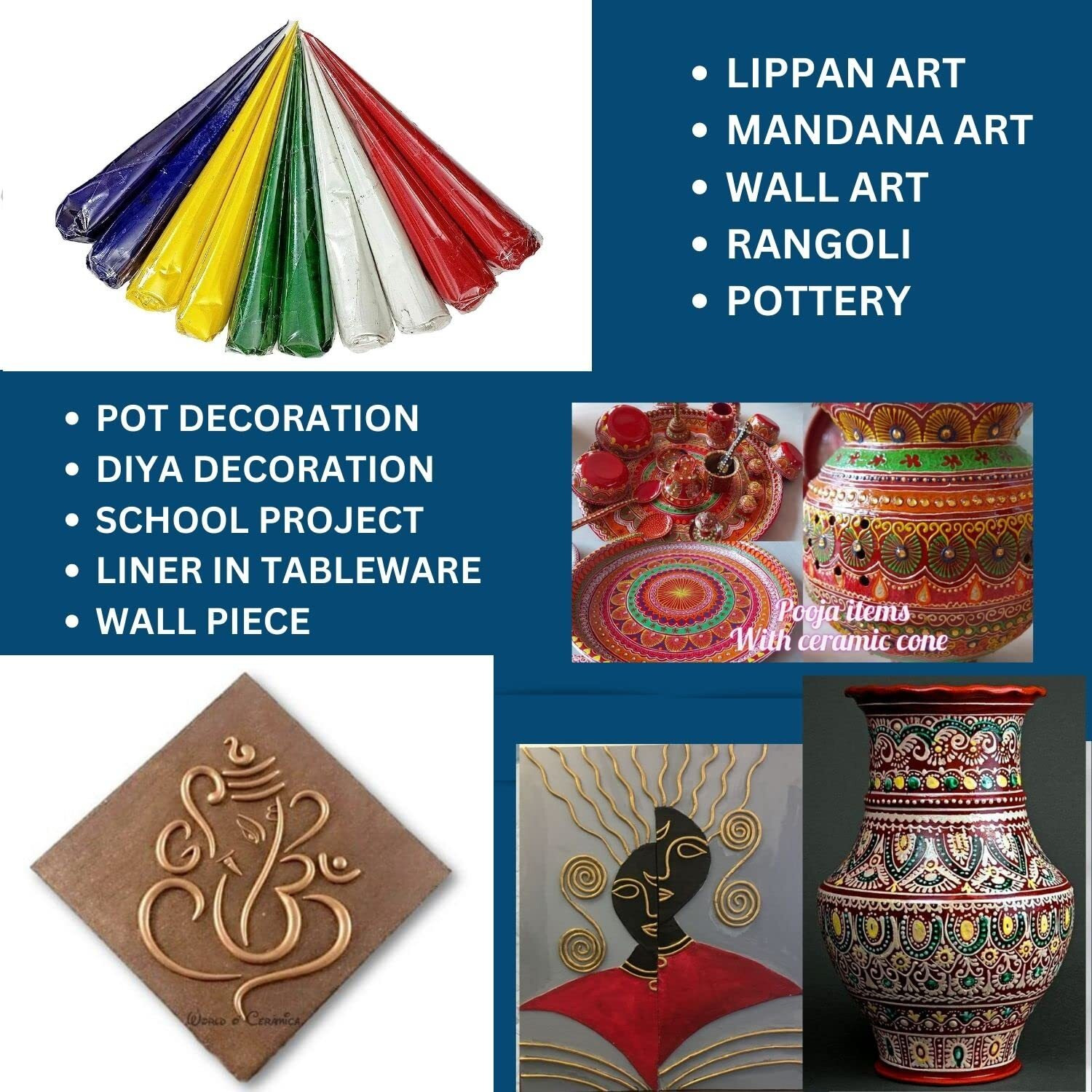 The Big India Ceramic Clay Cones for Arts & Crafts | Lippan Art | Mandana Art | Pottery | Liner | DIY Decorative Purposes (Pure for Sure) (10 mix color)