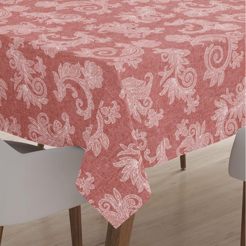 Encasa 4 Seater Dining Table Cloth 145X145 Cm (57X57 In) I Floral Red Jacquard Style Print On Chambray Homespun Cotton I For Family Gatherings, Parties I Washable - Square