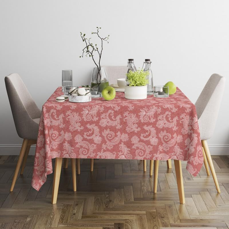Encasa 4 Seater Dining Table Cloth 145X145 Cm (57X57 In) I Floral Red Jacquard Style Print On Chambray Homespun Cotton I For Family Gatherings, Parties I Washable - Square