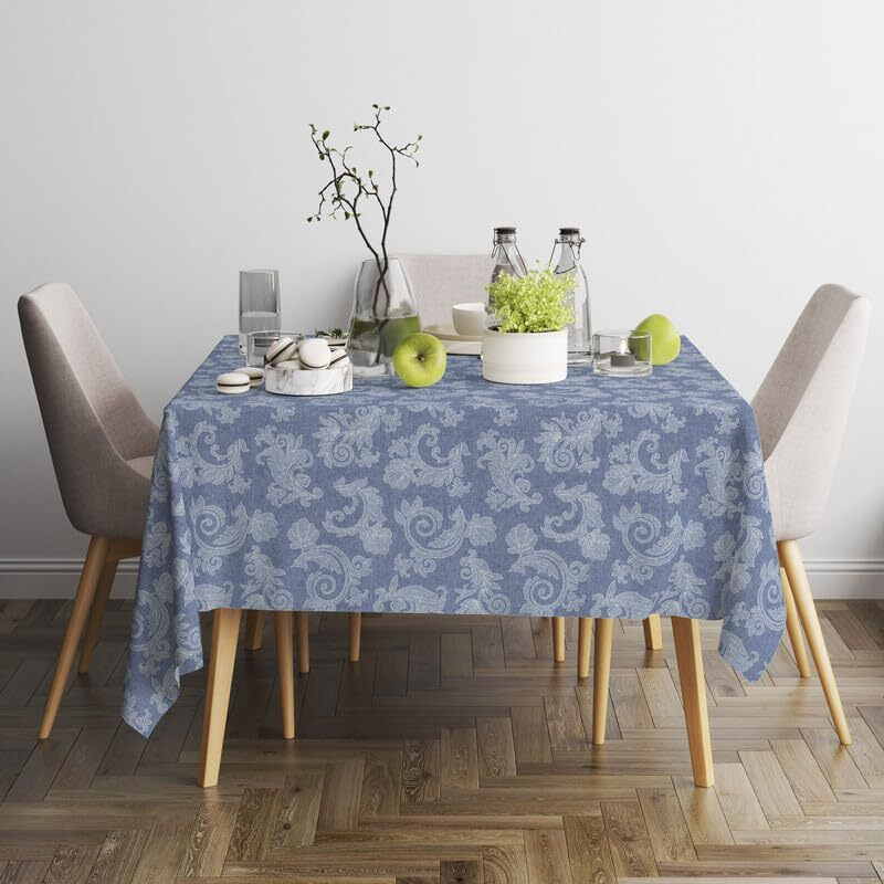 Encasa 4 Seater Dining Table Cloth 145X145 Cm (57X57 In) I Floral Blue Jacquard Style Print On Chambray Homespun Cotton I For Family Gatherings, Parties I Washable - Square