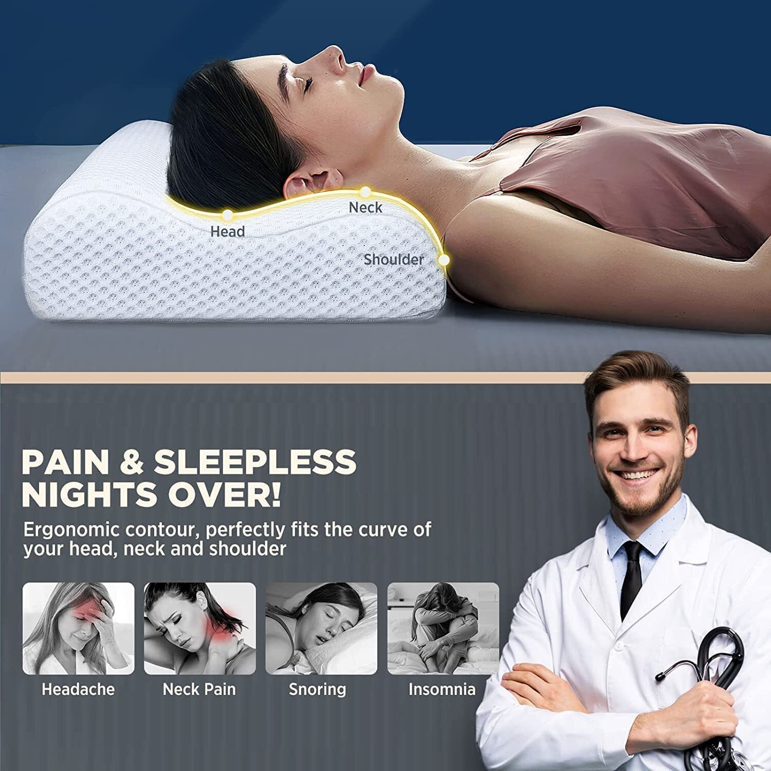 Orthopedic Cervical Pillow for Neck and Shoulder Pain Relief Ergonomic Memory Foam Pillows for Sleeping Ideal for Chronic Neck Pain & Spinal Alignment Spondylitis & Contour Pillow (Design 2)