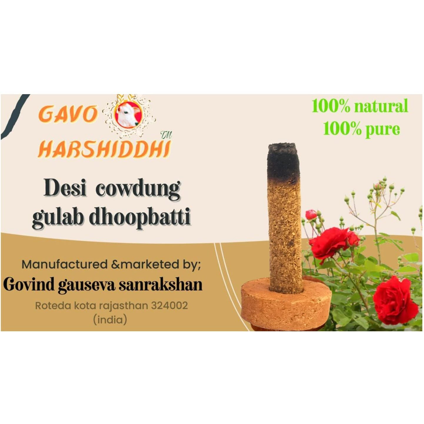 GAVO HARSHIDDHI Natural Cow Dung Spl Gulab Rose Dhoop Batti - 30 Pieces Natural Organic Herbs Incense Dhoop Sticks for Puja Hawan Prayer 2.5 inches