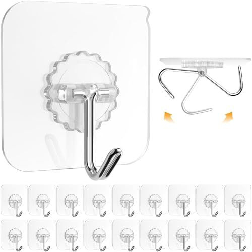 Claiez Wall Hooks 20lb(Max) Transparent Reusable Seamless Hooks,Waterproof and Oilproof,Bathroom Kitchen Heavy Duty Self Adhesive Hooks (10 transparent)