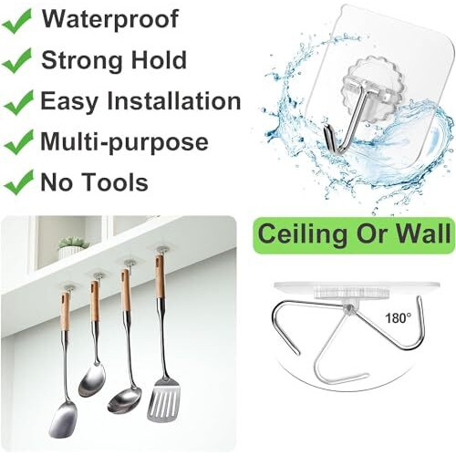 Claiez Wall Hooks 20lb(Max) Transparent Reusable Seamless Hooks,Waterproof and Oilproof,Bathroom Kitchen Heavy Duty Self Adhesive Hooks (10 transparent)