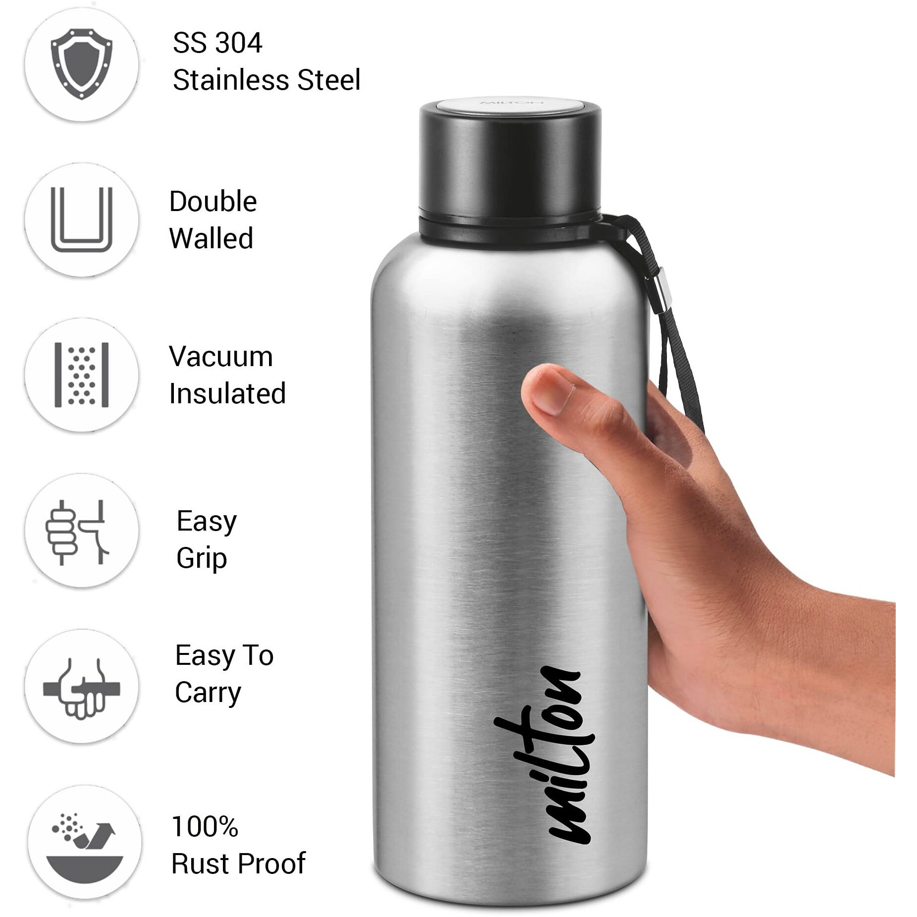 Milton Aura 750 Thermosteel Bottle, 750 ml, Silver | 24 Hours Hot and Cold | Easy to Carry | Rust Proof | Leak Proof | Tea | Coffee | Office| Gym | Home | Kitchen | Hiking | Trekking | Travel Bottle