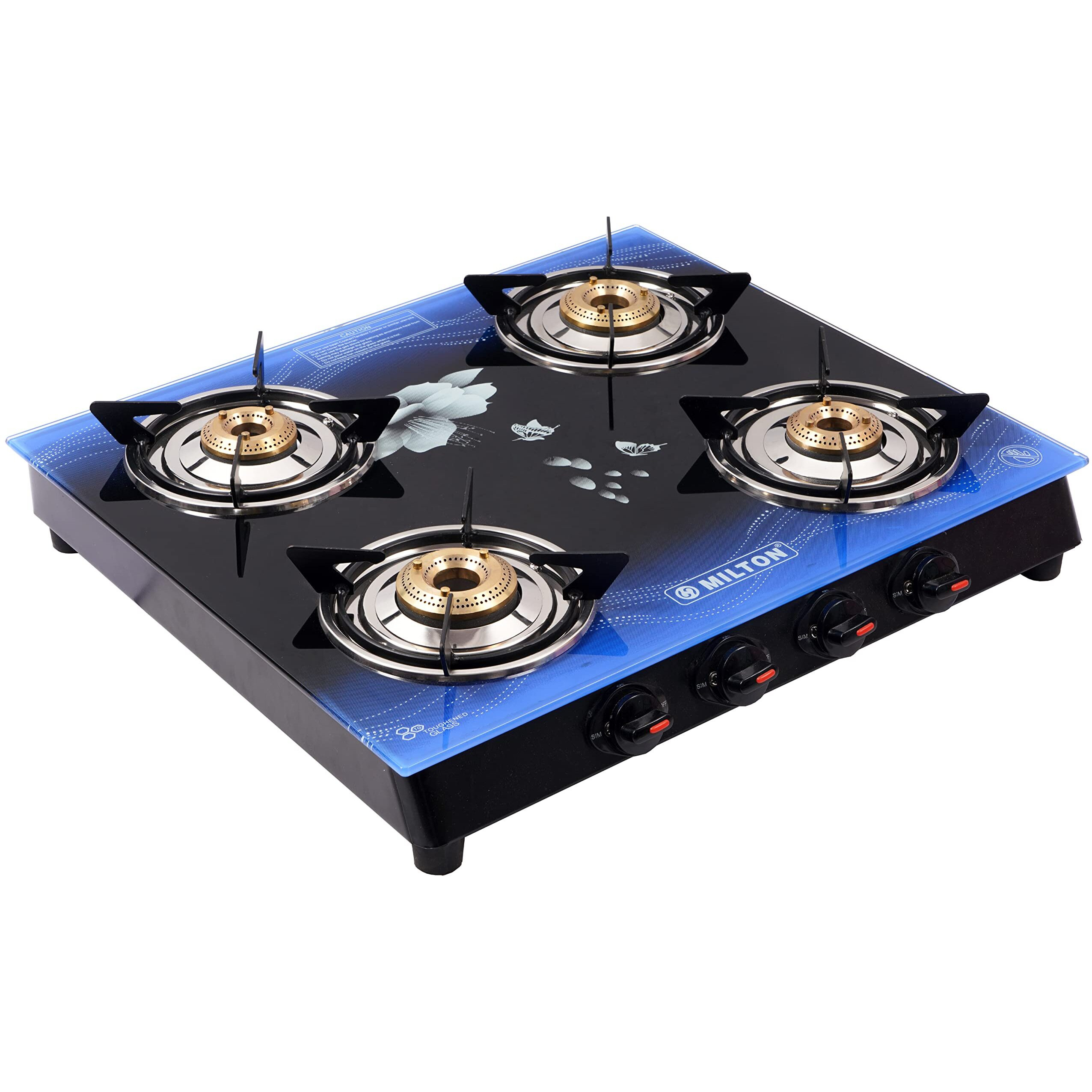 MILTON Premium 4 Burner Blue Manual Ignition LPG Glass Top Gas Stove, (ISI Certified)