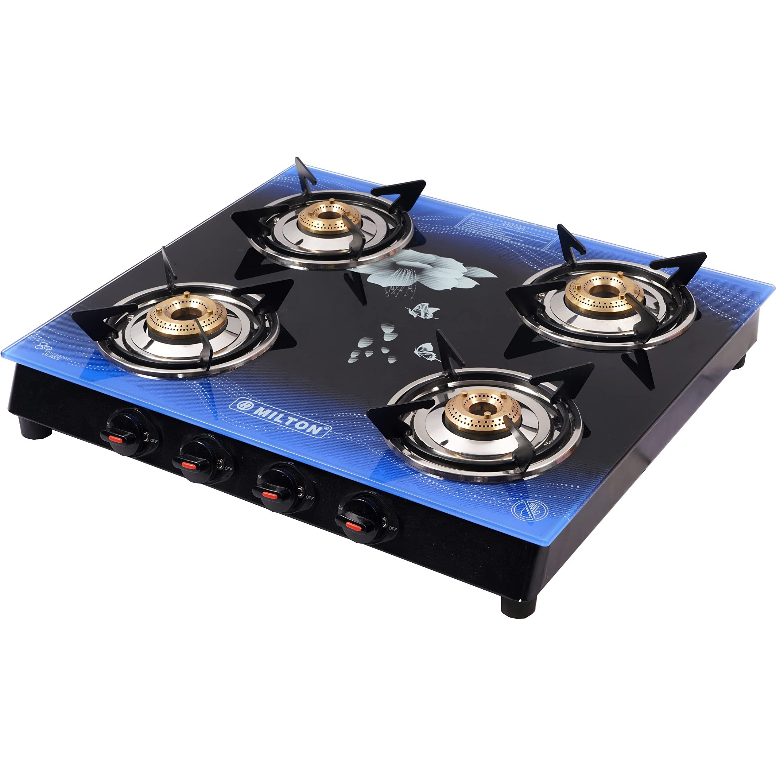 MILTON Premium 4 Burner Blue Manual Ignition LPG Glass Top Gas Stove, (ISI Certified)