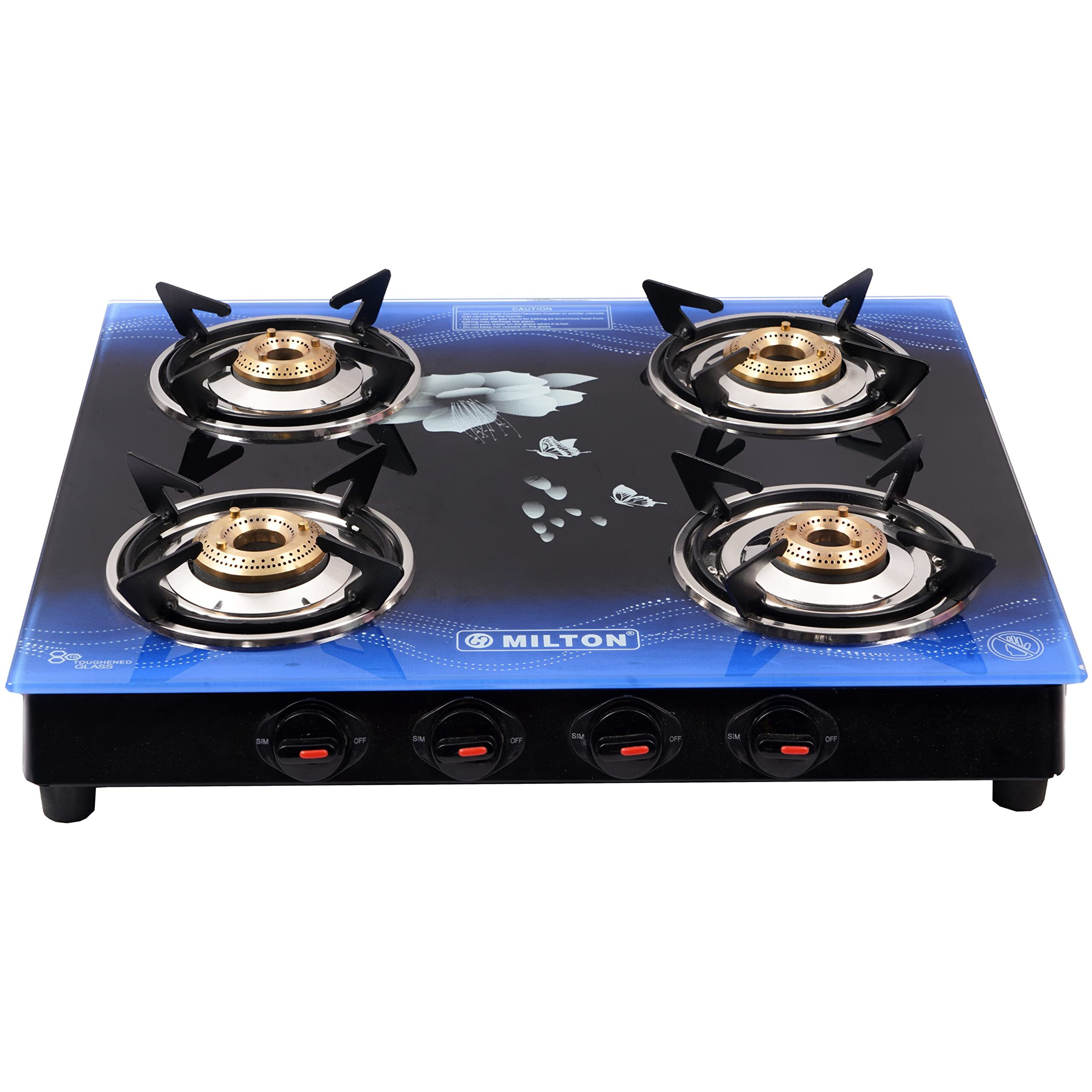 MILTON Premium 4 Burner Blue Manual Ignition LPG Glass Top Gas Stove, (ISI Certified)