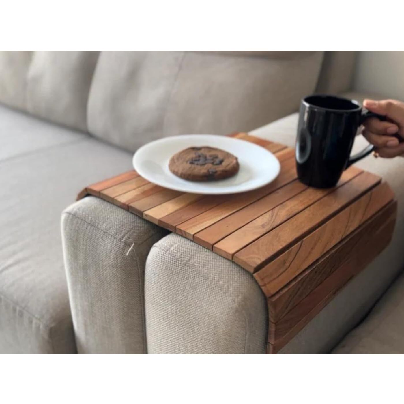 Vesta Homes Sofa Armrest Tray|Handcrafted Acacia Wood|Tambour Tray|Flexible And Foldable|Dining Table Mat|Suitable For Food/Drinks/Snacks/Cup Coaster|43 X 28 X 13 Cm|Handcrafted In India/Rectangular