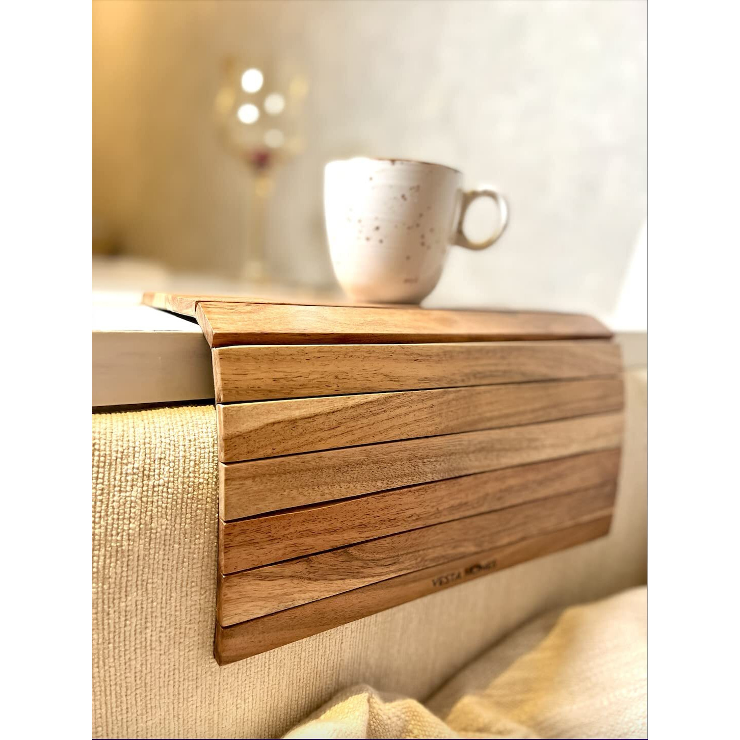 Vesta Homes Sofa Armrest Tray|Handcrafted Acacia Wood|Tambour Tray|Flexible And Foldable|Dining Table Mat|Suitable For Food/Drinks/Snacks/Cup Coaster|43 X 28 X 13 Cm|Handcrafted In India/Rectangular
