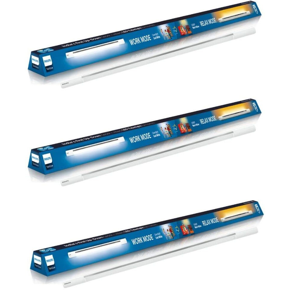 PHILIPS Twin Glow 25-Watt +25-Watt LED Up-Down Batten Tubelight (Pack of 3, 25W Yellow Uplight RELAX Mode | White Downlight WORK Mode)