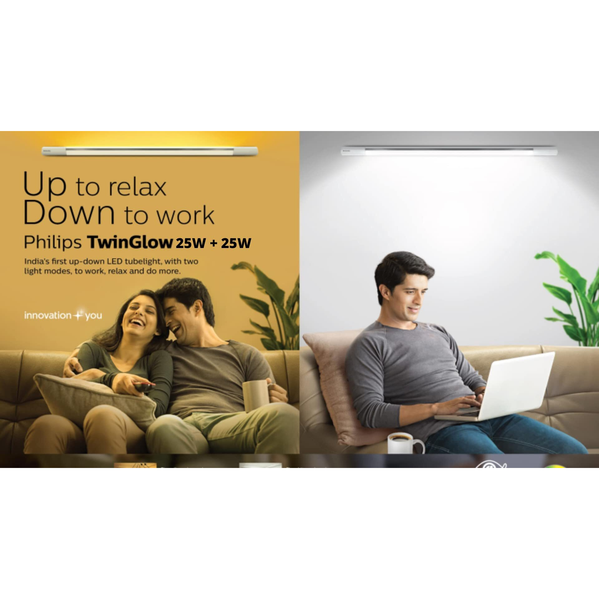 PHILIPS Twin Glow 25-Watt +25-Watt LED Up-Down Batten Tubelight (Pack of 3, 25W Yellow Uplight RELAX Mode | White Downlight WORK Mode)