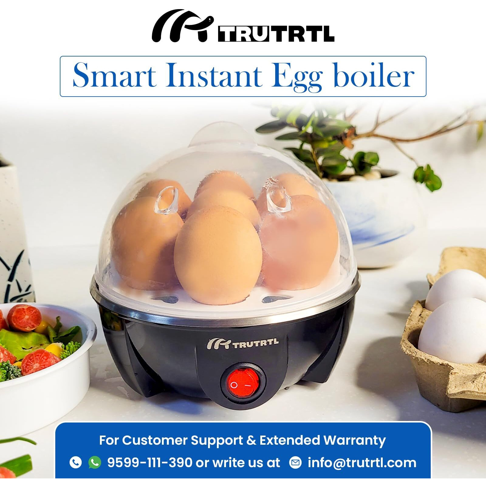 truTRTL Smart Instant Egg Boiler Machine 350 Watts | Boil upto 7 Eggs (Hard, Medium, Soft) | Automatic, Overheat Protection | Black