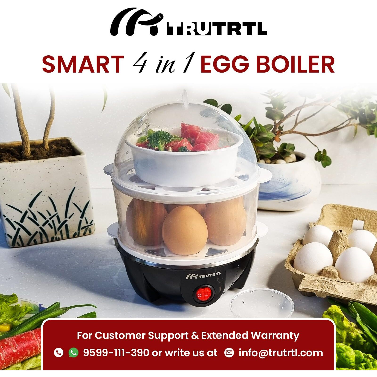 truTRTL Smart 4-in-1 Egg Boiler Machine 350 Watts | Boil upto 14 Eggs, Poach Eggs, Steam Vegetables Make Dhokla, Reheat | Black