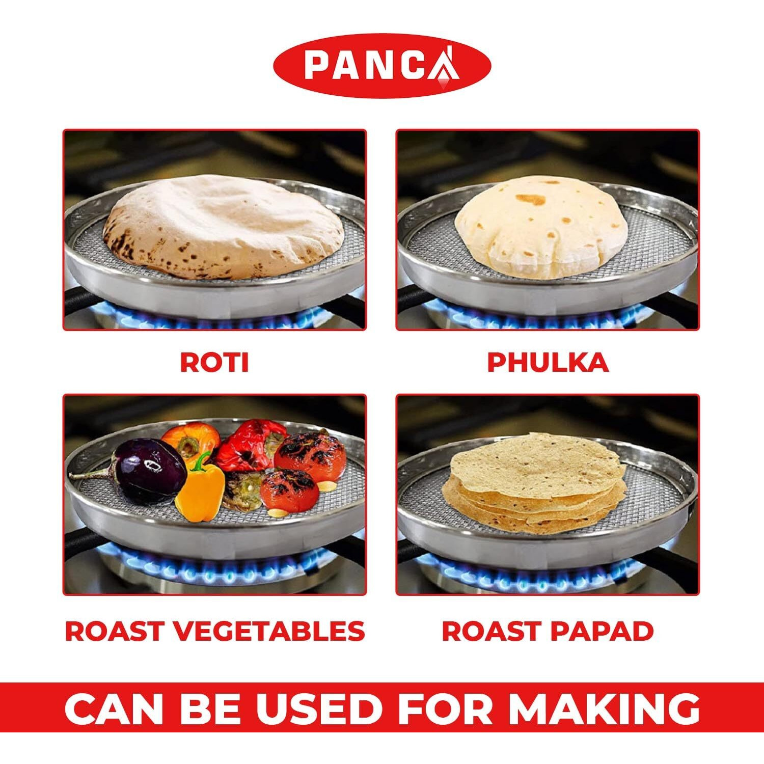 PANCA Papad Roaster, Phukla Grill for Gas Stove,Roti Jali for Kitchen Cooking, Barbeque grill, Brinjal Roaster,Steel Mesh griller (8 Inch)