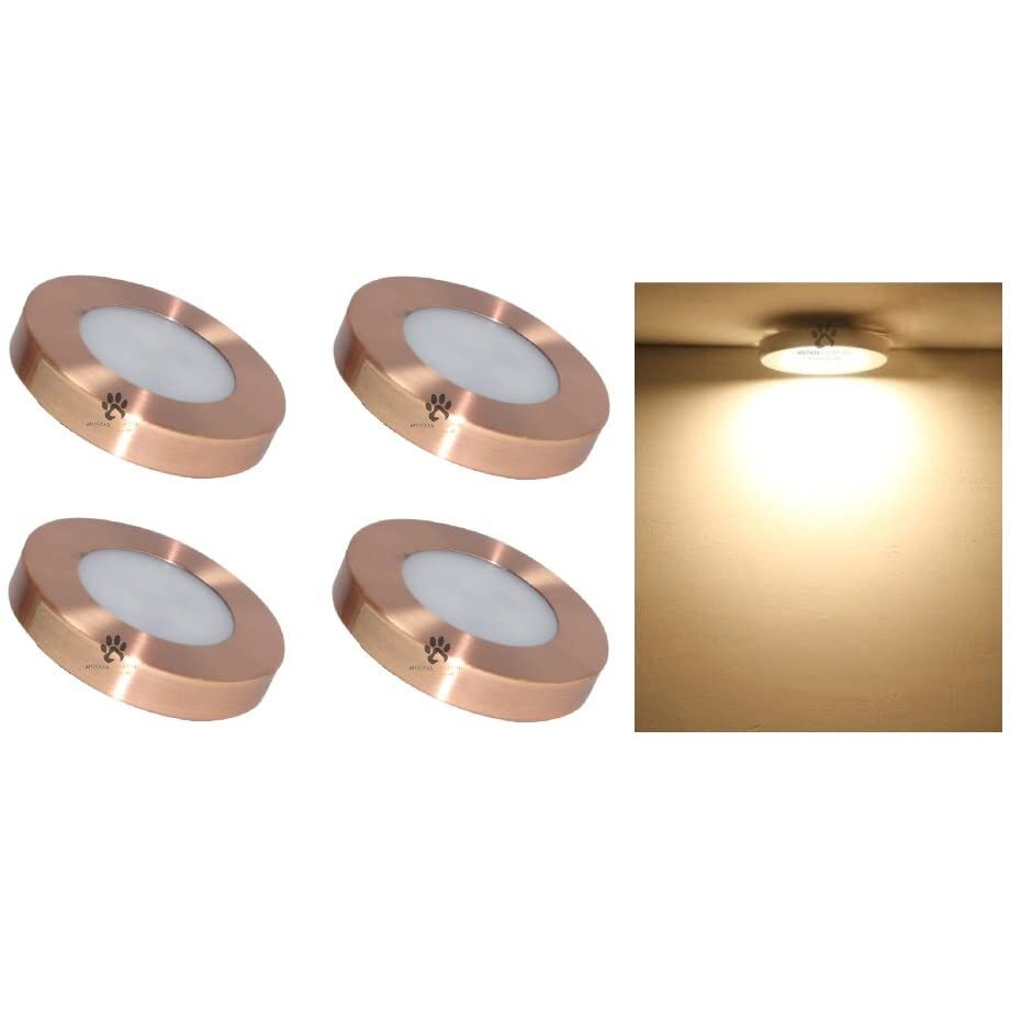 Mufasa 3 Watts Rose Gold Finish 6CM DIAMETER Led Surface Panel, Cabinet, Wardrobe Light, Slim Round Style Flush Mount Ceiling Lamp, Pack of 4 (Please Check Dimensions Image) (Warm White,Aluminum)