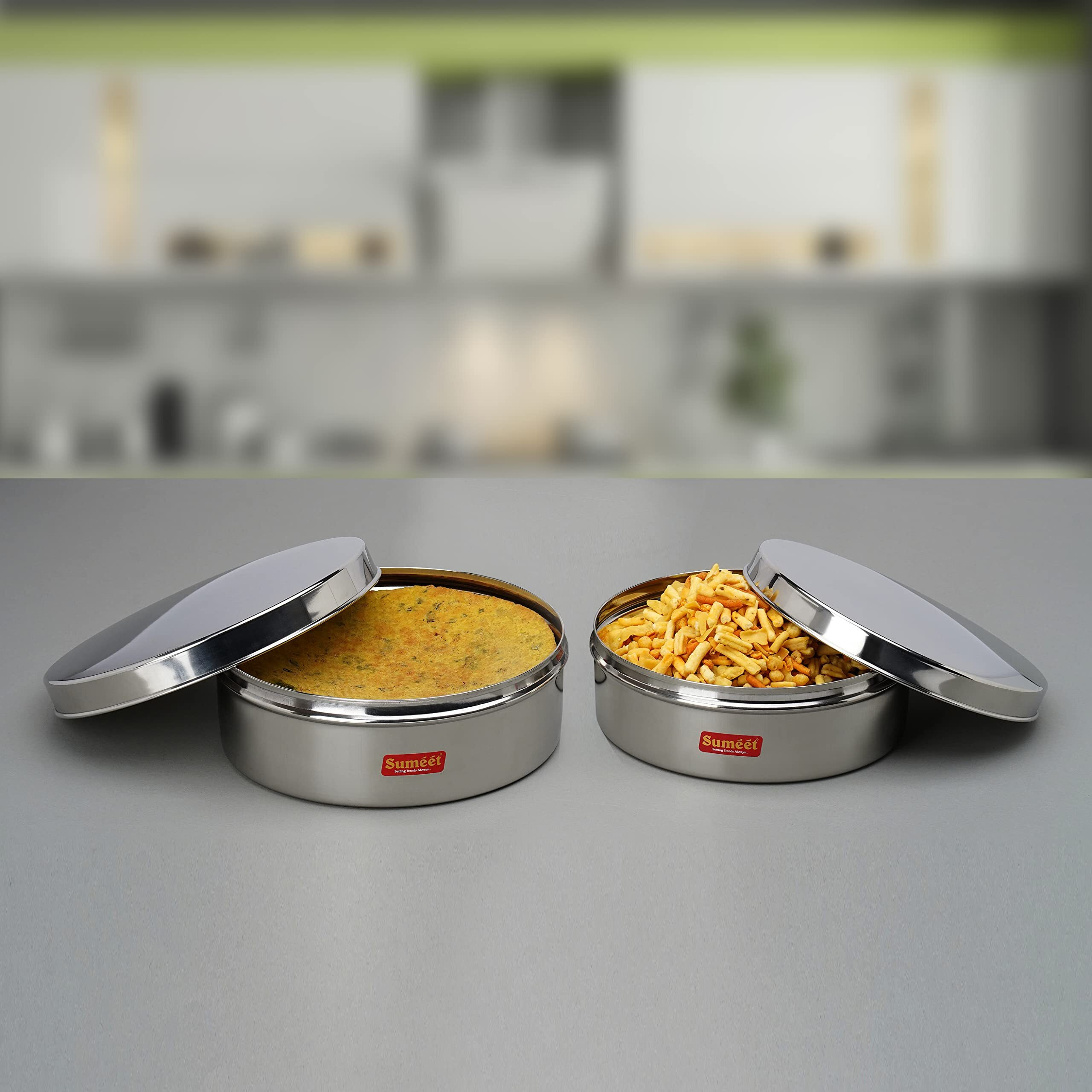 Sumeet Stainless Steel Flat Canisters/Puri Dabba/Storage Containers Set Of 2Pcs (1.5Ltr,2.1Ltr), Blue-Violet