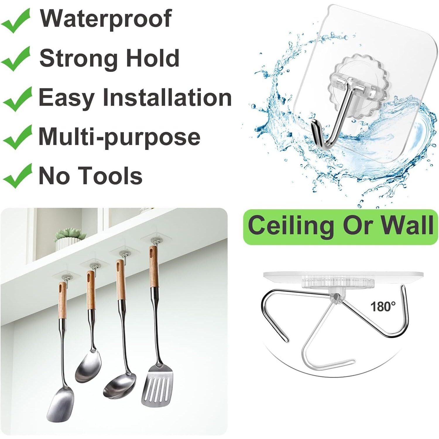 PRAFU Adhesive Hooks 15 Packs Wall Hooks Heavy Duty Self Adhesive Hooks Transparent Waterproof Wall Hooks for Kitchen Bathroom Towel Door Outdoor Home Improvement Utility Pack of 15