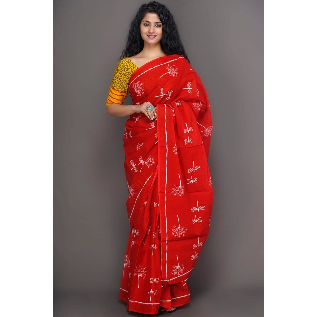 Kiaaron Womens Ikat Hand Block Print Jaipuri Cotton Mulmul Saree with Blouse Piece - Maroon_17
