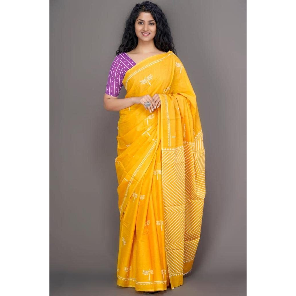 Kiaaron Womens Ikat Hand Block Print Jaipuri Cotton Mulmul Saree with Blouse Piece - Yellow_33