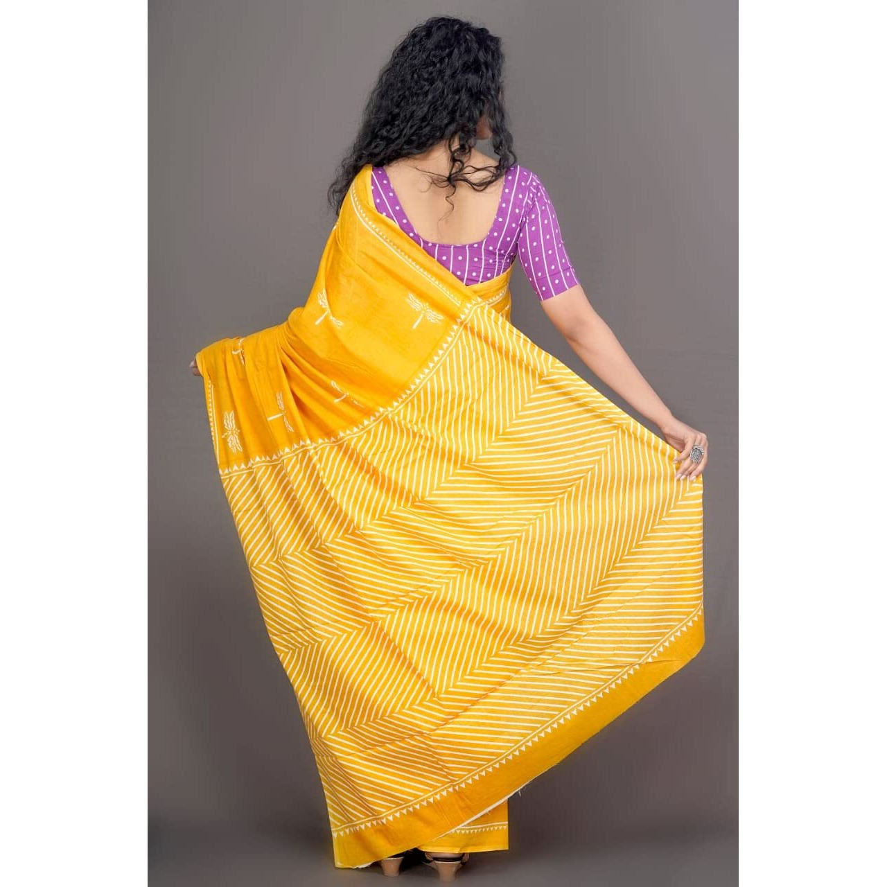 Kiaaron Womens Ikat Hand Block Print Jaipuri Cotton Mulmul Saree with Blouse Piece - Yellow_33