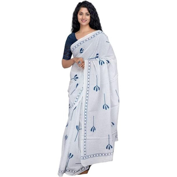 Kiaaron Womens Ikat Hand Block Print Jaipuri Cotton Mulmul Saree with Blouse Piece - White_34