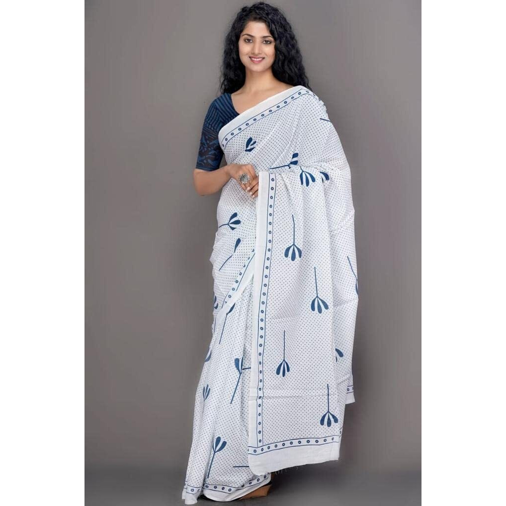 Kiaaron Womens Ikat Hand Block Print Jaipuri Cotton Mulmul Saree with Blouse Piece - White_34
