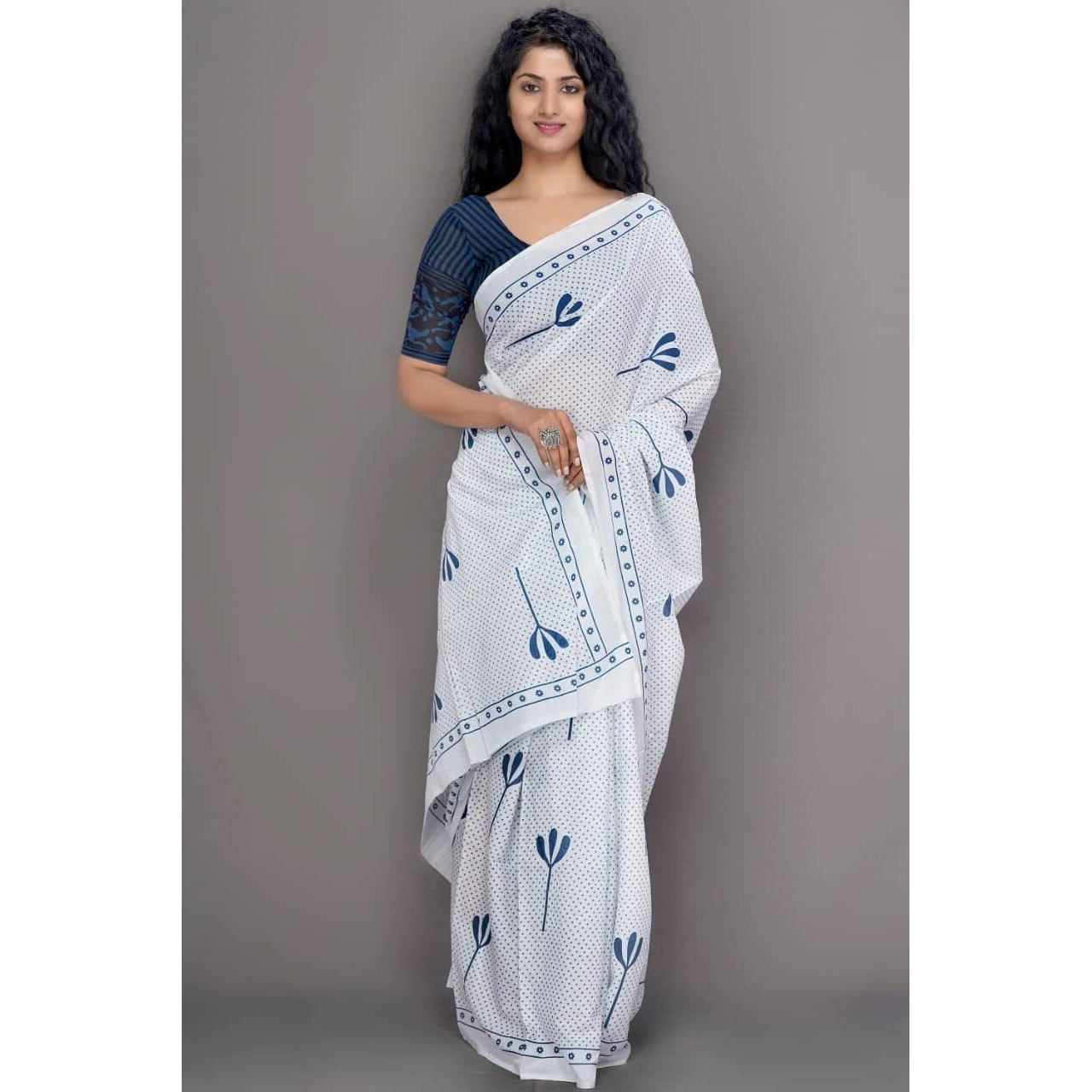 Kiaaron Womens Ikat Hand Block Print Jaipuri Cotton Mulmul Saree with Blouse Piece - White_34