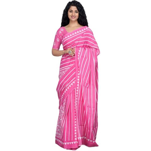Kiaaron Womens Ikat Hand Block Print Jaipuri Cotton Mulmul Saree with Blouse Piece - Pink_33