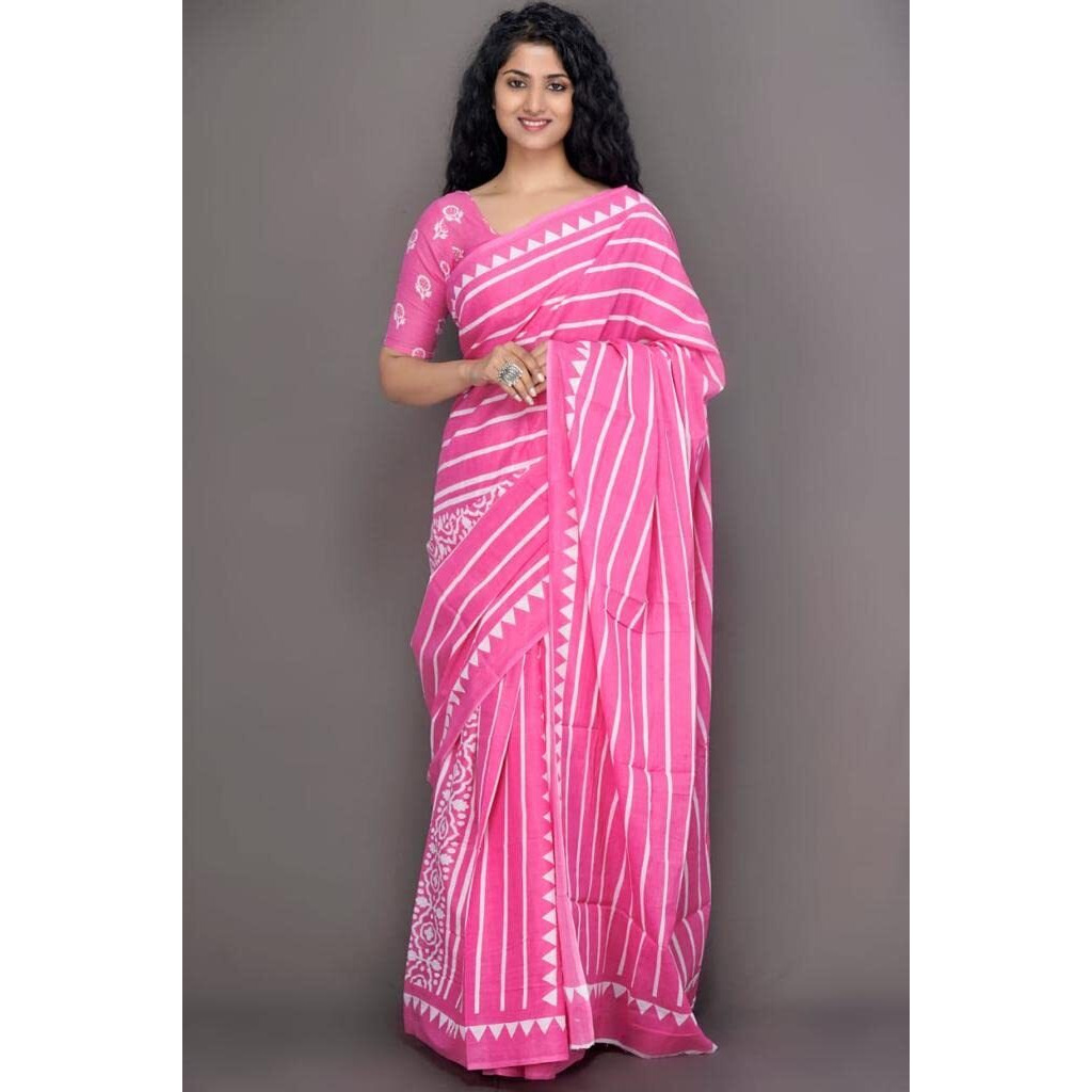 Kiaaron Womens Ikat Hand Block Print Jaipuri Cotton Mulmul Saree with Blouse Piece - Pink_33