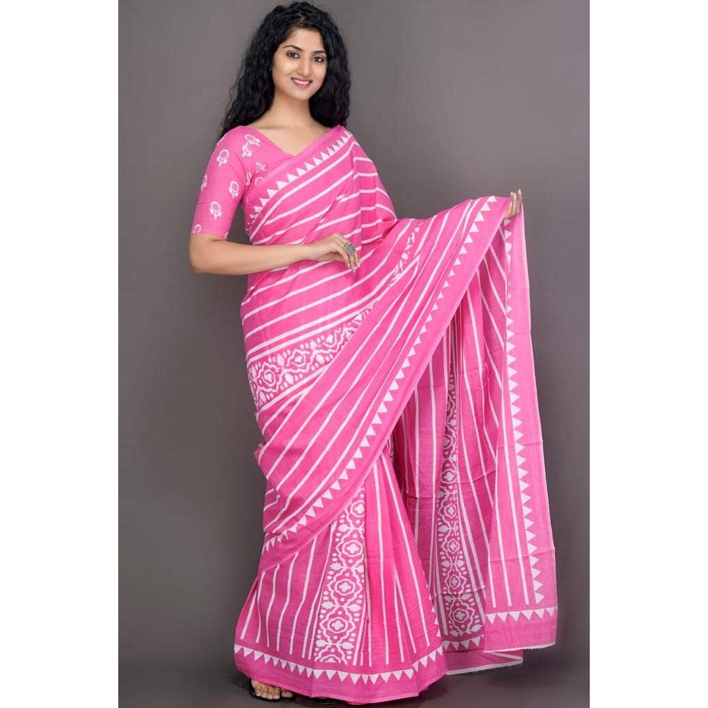 Kiaaron Womens Ikat Hand Block Print Jaipuri Cotton Mulmul Saree with Blouse Piece - Pink_33