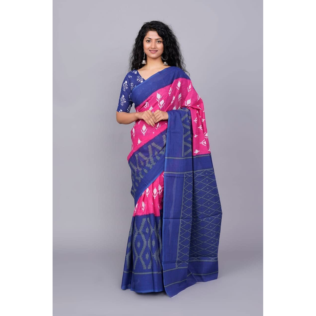 Kiaaron Womens Ikat Hand Block Print Jaipuri Cotton Mulmul Saree with Blouse Piece - Pink_29