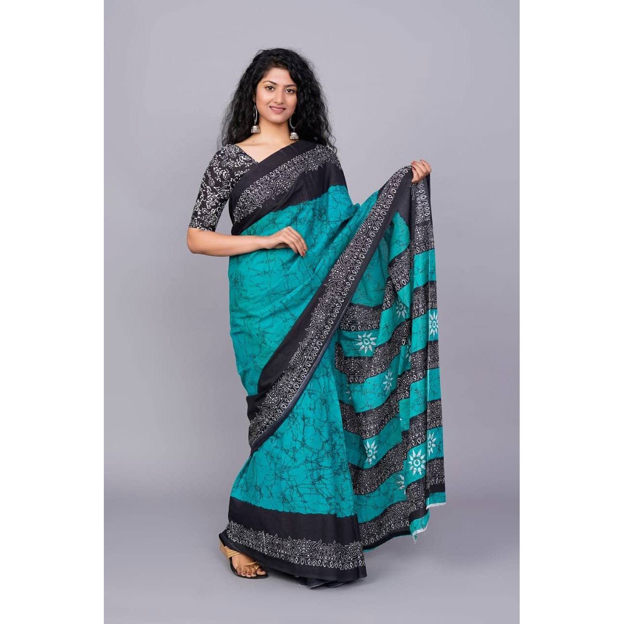 Kiaaron Womens Ikat Cotton Saree With Blouse Piece (Sup_Turquise_28_Turquoise)