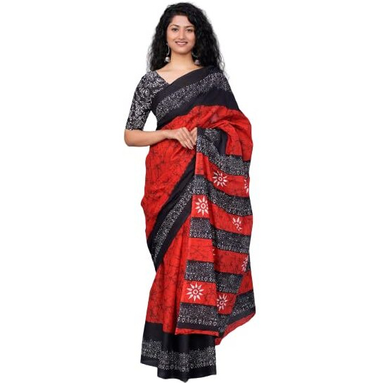 Kiaaron Womens Ikat Hand Block Print Jaipuri Cotton Mulmul Saree with Blouse Piece - Red_26